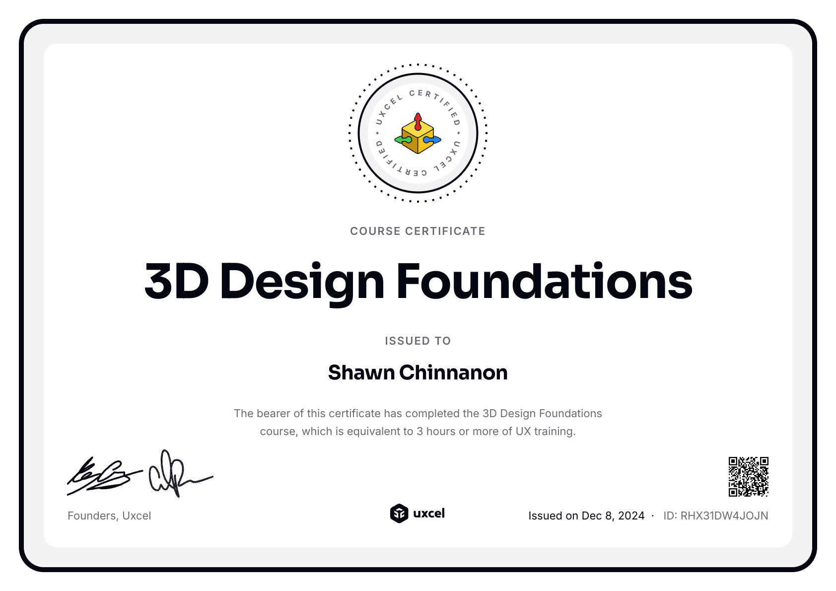 Shawn Chinnanon's certificate